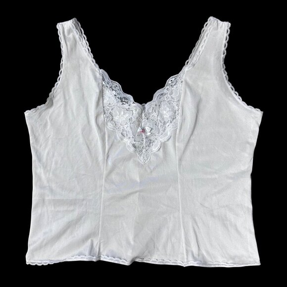 Vintage White Lace Trim Camisole Tank Top USA 1980s Romantic Undershirt Retro - Picture 2 of 6